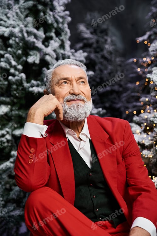 Preview: Contemplative gentleman in festive red suit surrounded by Christmas trees and twinkling lights