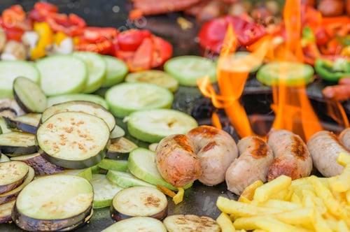 Preview: Fried vegetables with sausages and french fries