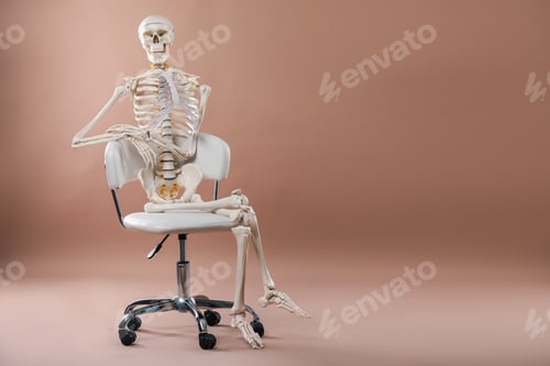 Preview: Artificial human skeleton model sitting on chair against light brown background, space for text