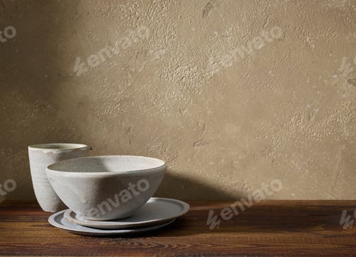 Preview: Rustic Bowls and Cup Still Life on Wood