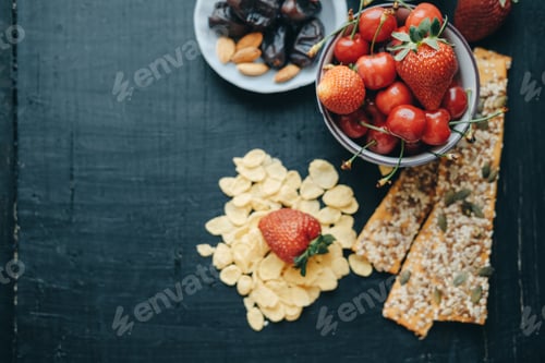 Preview: Healthy breakfast: corn flakes, strawberries, cherries, dates, almonds, breads, top view