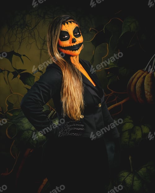 Preview: Woman made up as a pumpkin to celebrate Halloween.