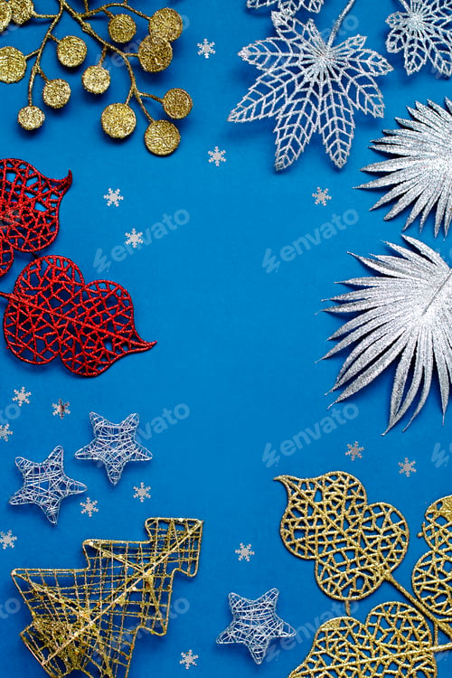 Preview: Christmas frame flat lay on blue
