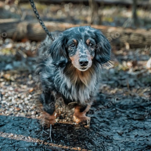 Preview: Brown dachshund dog walking on an unpaved dirt road, exploring the area on its own