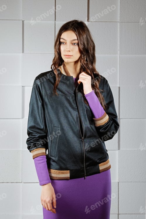 Preview: Attractive girl in warm knitted woolen dress and club jacket