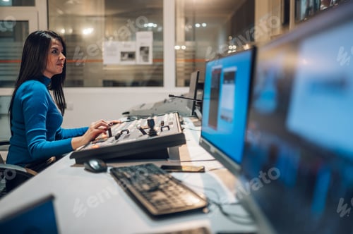 Preview: Middle aged woman using equipment in control room on a tv station