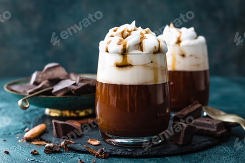 Preview: Hot chocolate with whipped cream. Chocolate dessert drink in glass