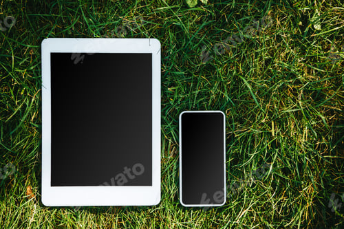 Preview: elevated view of tablet and smartphone with blank screens on green grass in park