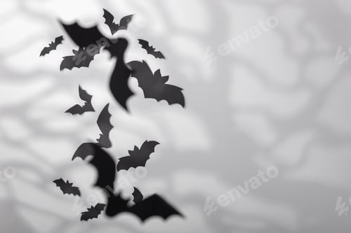 Preview: Halloween decoration concept - black paper bats and scary trees shadows background