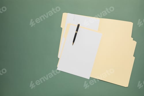 Preview: Paper file folders with blank sheets and pen on green background, top view. Space for text