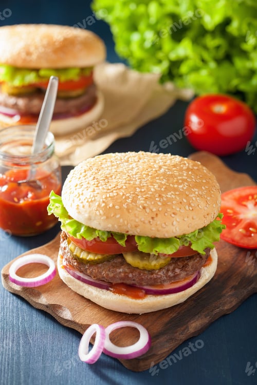 Preview: burger with beef patty lettuce onion tomato ketchup