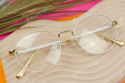 Preview: Stylish women's glasses in a white frame on a beige plaster podium