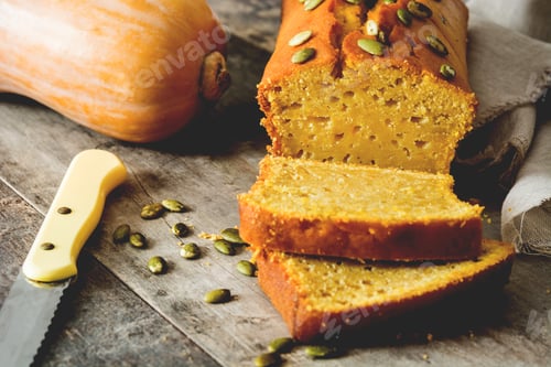 Preview: Sliced pumpkin bread with seeds on rustic wooden table