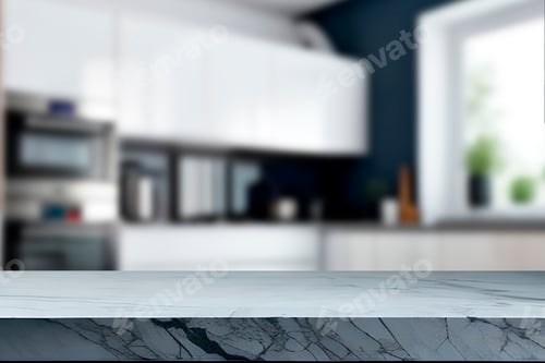 Preview: Empty marble top table with blurred kitchen interior Background. for product display.