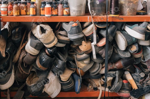 Preview: Shelf of stacked shoes in an artisan shoe repair shop