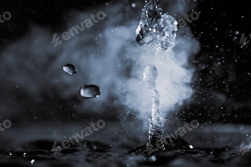 Preview: Boiling water splash with steam on black background closeup