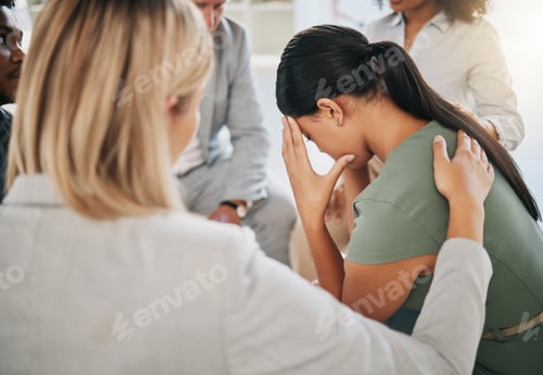 Preview: Grief, loss and woman at community support group for mental health, counseling or help. Solidarity,
