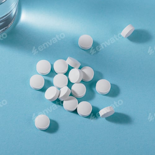 Preview: Vitamin white pills freely laid near glass of water on light blue background