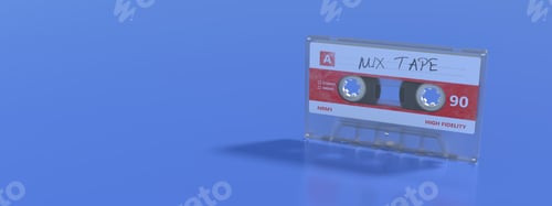 Preview: Cassette mix tape with label on blue background. Old vintage audio, music player. 3d illustration
