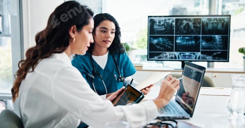 Preview: Advice, laptop and doctors in hospital, women or cooperation with results for diagnosis. Healthcare