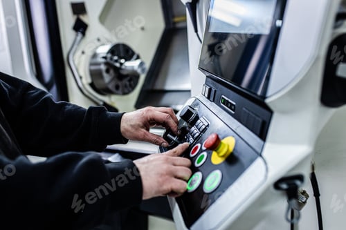Preview: Close up man hand operating with CNC machine.