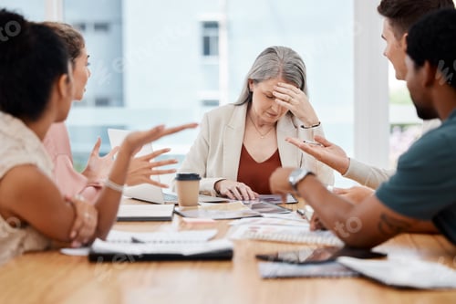 Preview: Group of businesspeople having a meeting together in a boardroom at work. Stressed mature caucasian