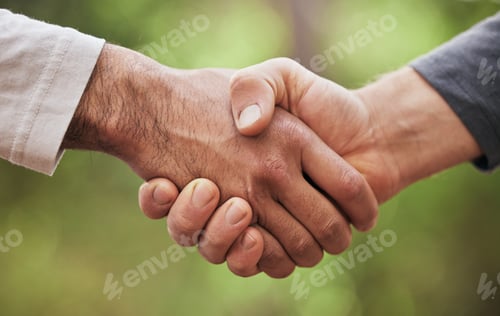 Preview: Support, thank you and handshake with people in nature for motivation, welcome and meeting. Teamwor