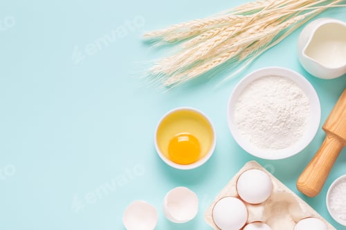 Preview: Ingredients for baking on light blue background.