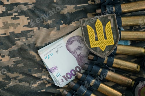 Preview: Ukrainian army machine gun belt shells and bunch of hryvnia bills on military uniform