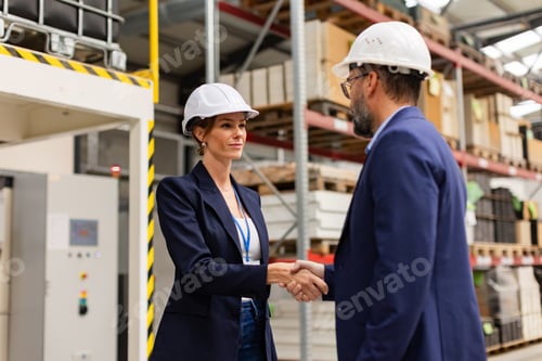 Preview: Female engineer and male project manager shaking hands in modern industrial factory. Manufacturing