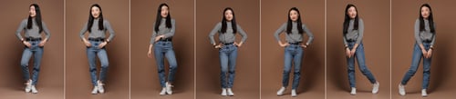 Preview: Full length portrait of Asian woman on brown background, set with photos
