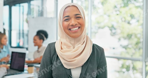 Preview: Face, muslim and mindset with a business woman in her office at work wearing a hijab for religion o
