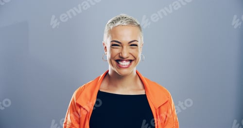 Preview: Happy woman, smile and studio portrait with creative employee, pride and confident for freelance ca