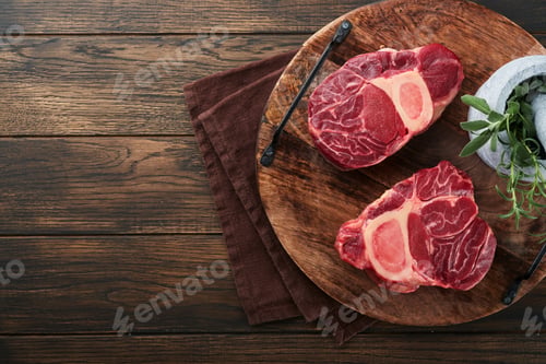 Preview: Osso Buco raw steak meat. Barbecue meat. Raw fresh cross cut veal shank and seasonings pepper, rosem