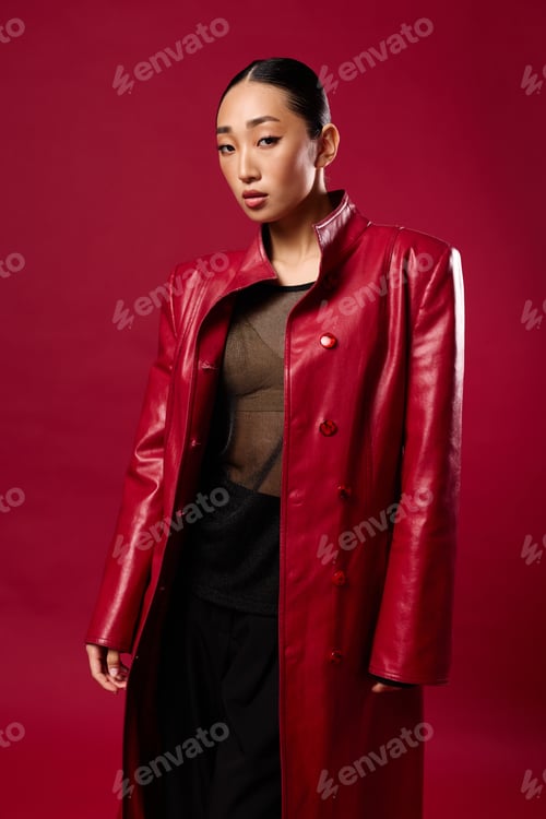 Preview: Fashion, asian, beauty, woman, red leather coat, black pants, posing, red background a stunning