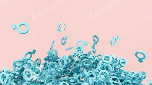 Preview: Lots of male signs floating and falling on big pile. Blue metal symbols of men on pink background.