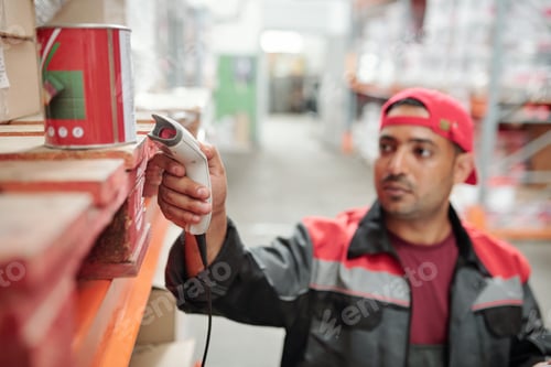 Preview: Worker of contemporary large warehouse scanning qr code of tin with canned food