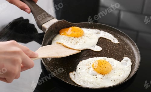 Preview: Fried Eggs In A Frying Pan In Close Up View