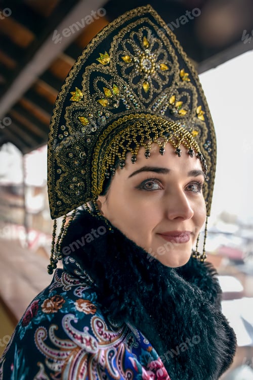 Preview: A Slavic woman in a kokoshnik with a braid wears a national costume.Gothic style