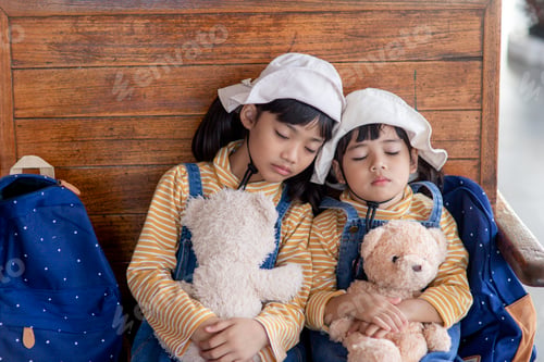 Preview: Tired siblings children sleeping on a train