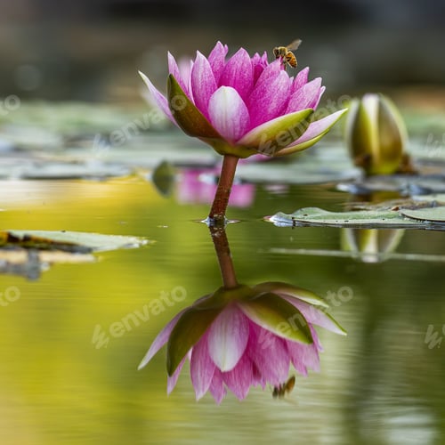 Preview: Beautiful shot of a lily flower blooming in the water with a bee