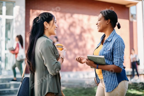 Preview: Happy multi-ethnic female students communicating on a break in front of university building.