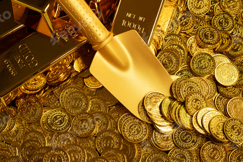 Preview: Golden shovel scooping up piles of gold coins and stacks of gold bars