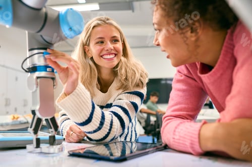 Preview: Two Female College Or University Engineering Students Using Digital Tablet To Control Robot Arm