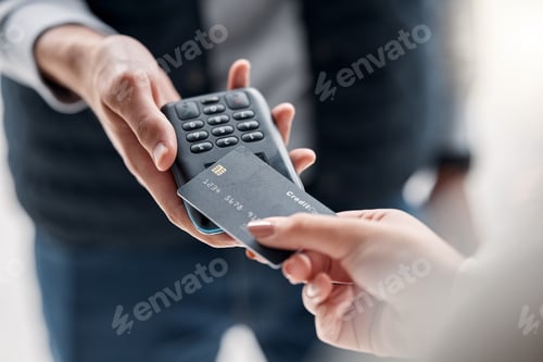 Preview: Credit card, pos payment or hands of delivery man, woman or people with retail sale machine. Logist