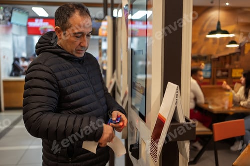 Preview: Man paying for fast food using self-service kiosk
