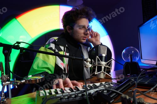 Preview: Caucasian composer mixing and playing music on his computer