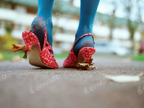 Preview: Woman with leaves stuck to her shoes