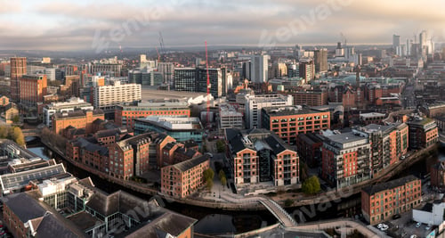 Preview: Aerial panorama of Leeds cityscape skyline with an early morning sunrise