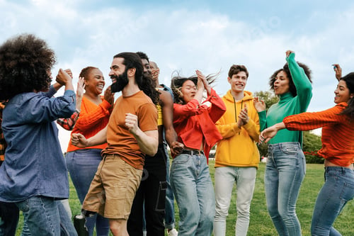 Preview: Happy group of friends dancing at music festival party outdoors - Diverse people celebrating togethe